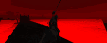 a computer generated image of a samurai holding a sword in front of a red background