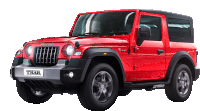 a red mahindra thar jeep with a black top