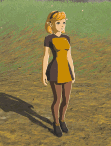 a woman in a black and yellow dress is running through a grassy field