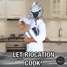 a chef holding a pot with the words let riocation cook written on the bottom