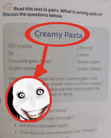 a recipe for creamy pasta has a picture of a scary face in the corner