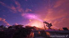 a screenshot of a video game called forttracker with a purple sky in the background