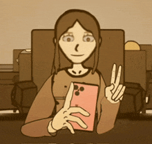 a cartoon of a woman sitting in a chair holding a phone and giving a peace sign