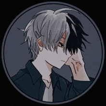 a drawing of a boy with gray hair and black hair covering his face with his hand .