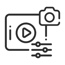 a black and white icon of a camera and a play button