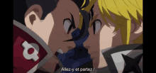 two anime characters are looking at each other with the words allez-y et partez written on the bottom