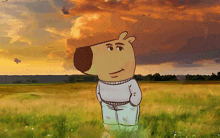 a cartoon of a bear standing in a field with a sunset in the background