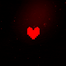 a pixelated red heart is surrounded by red particles