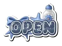 a blue and white sign that says open with a starfish and a bottle