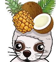 a cartoon seal with a pineapple and coconut on its head