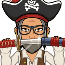 a cartoon of a pirate holding a sword in his mouth