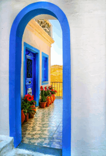 a blue archway leads to a blue door