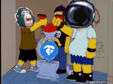 a group of cartoon characters standing around a toilet with ageofsam.io written on the bottom right