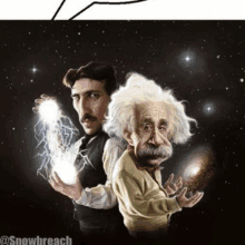 a cartoon of tesla and einstein holding lightning bolts in their hands .