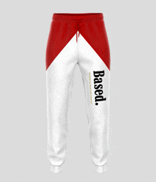 a pair of white and red sweatpants that say based on the side