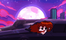 a cartoon of a girl in a car with a full moon behind her