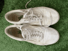 a pair of white vans shoes are sitting on a green carpet