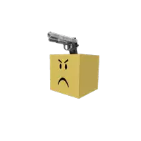 a gun is sitting on top of a box with an angry face on it