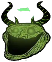 a troll face with glowing eyes and horns on a white background