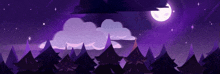 a cartoon illustration of a forest at night with a full moon and clouds in the sky