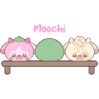 a cartoon drawing of two pigs sitting on a table with the word moochi written above them