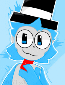 a drawing of a blue cartoon character with a top hat and a red tie