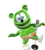 a green gummy bear singing into a microphone on a white background