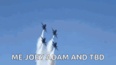 a group of u.s. navy fighter jets are flying in formation