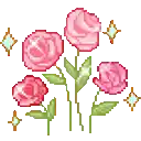 a pixel art drawing of a bunch of pink roses with green leaves and stars .