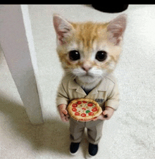 a cat wearing a jacket with the word chris on it holds a small pizza