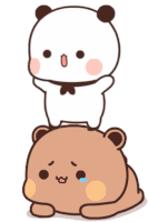 a panda bear standing on top of another bear
