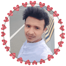 a man in a white shirt is surrounded by red hearts on a white background