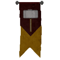 a banner with a hammer on it is hanging on a white wall