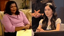 a woman in a pink shirt is sitting on a couch next to a woman sitting at a desk .