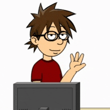 a cartoon boy wearing glasses is sitting in front of a computer screen and waving his hand .