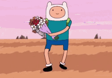 a cartoon character is holding a bouquet of flowers in his hands .