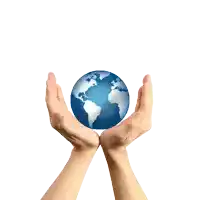 two hands holding a blue and white globe