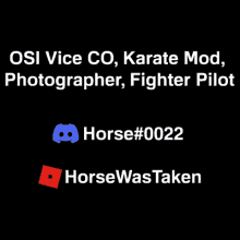 a black background with white text that says " osi vice co karate mod photographer fighter pilot horse # 0022 horsewastaken "