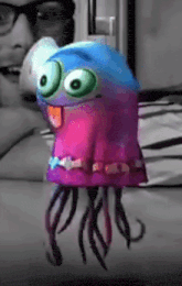 a cartoon jellyfish wearing a pink and blue dress and glasses