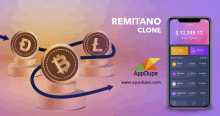 an ad for remitano clone shows a phone next to a bunch of coins