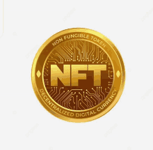 a gold coin that says nft decentralized digital currency on it