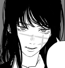 a black and white drawing of a woman with a cross on her face .