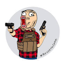 a cartoon drawing of a man holding two guns with the hashtag #airsoftinspain