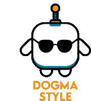 a logo with a robot wearing sunglasses and the words dogma style below it