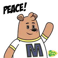a cartoon bear wearing a shirt with the letter m on it says peace