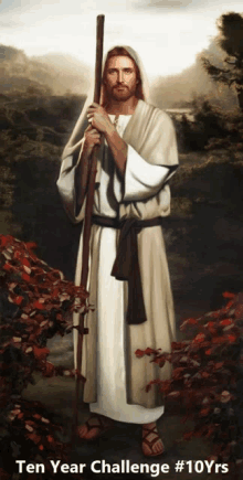 a painting of jesus holding a stick and the words ten year challenge # 10yrs