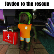 a roblox character holding a first aid kit with the caption jayden to the rescue