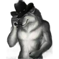 a black and white drawing of a wolf wearing a black cowboy hat