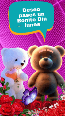 a couple of teddy bears standing next to each other with a purple background