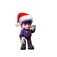 a cartoon character is wearing a santa hat and purple overalls